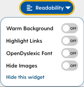 Screenshot of the Readability Widget which includes the options to turn on the following features: warm background, highlight links, OpenDyslexic Font, and hide images.