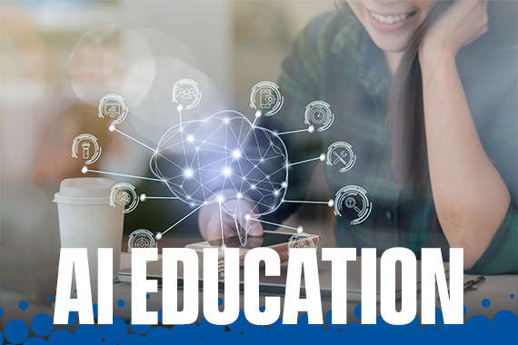 AI Education: person looking at their phone with image of brain