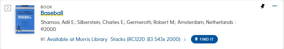 Example of the FIND IT button that shows in a DELCAT listing next to a book about baseball.