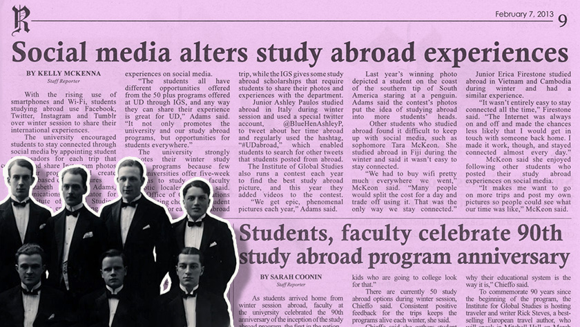 An old issue of the student newspaper The Review, which is overlaid with a photograph of the first students to participate in the Study Abroad program.