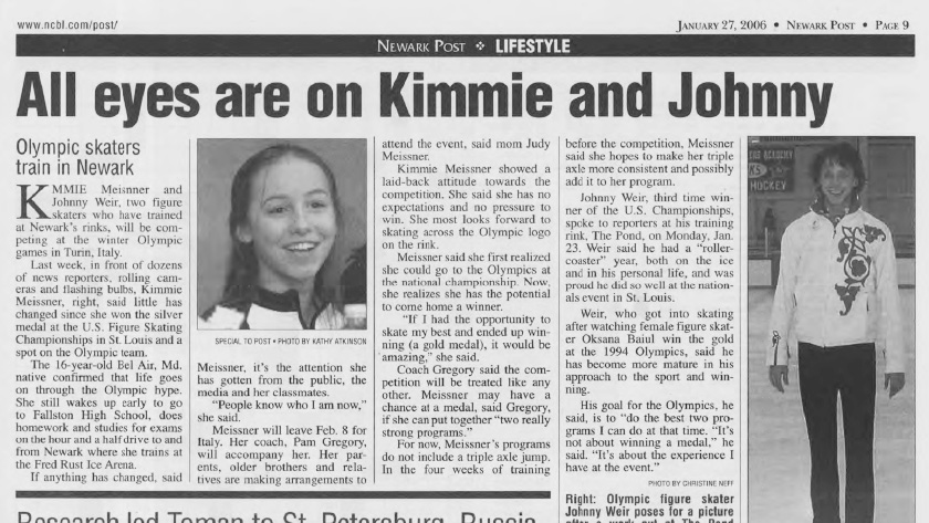 Headline and article in the Newark Post that reads, "All Eyes Are On Kimmie and Johnny"