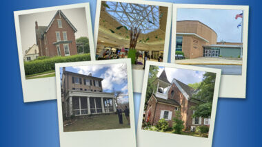 A montage of photographs stylized as if they were polaroids. The photographs show houses, schools and more.