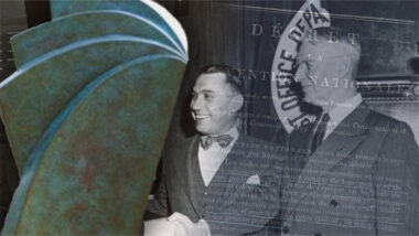 A composite promotional banner overlaying three distinct historical elements: the green fan-shaped "Ode to Joy" sculpture on the left, a black-and-white photo of men shaking hands in the center, and translucent French text from the 18th-century "Décret de la Convention Nationale" document faded across the top and background.