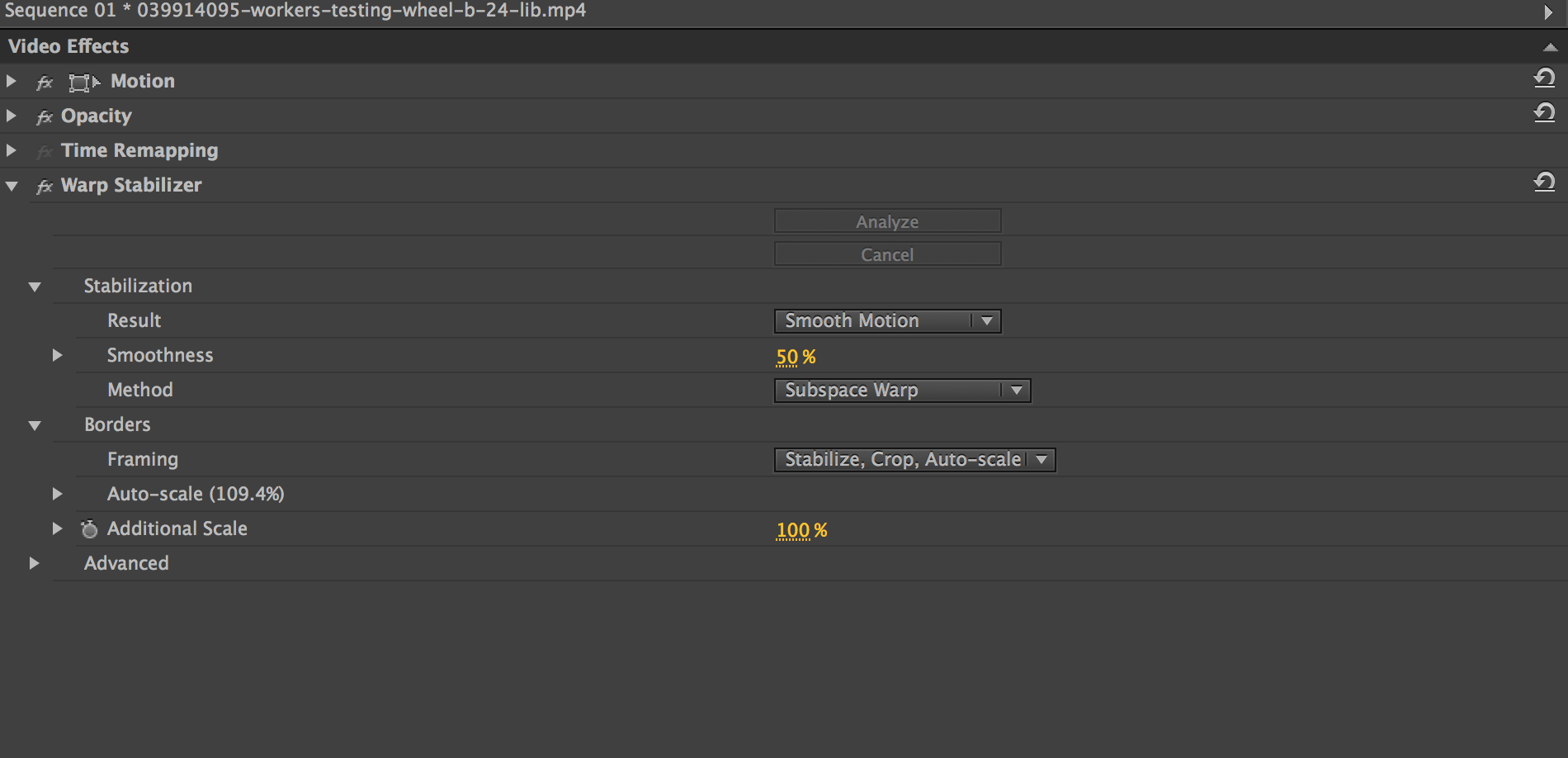 warp stabilizer requires clip dimension to match sequence