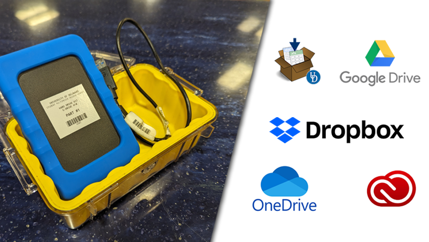 An image of a hard drive alongside logos for other storage platforms, including UD Dropbox, Google Drive, Dropbox, OneDrive and Adobe