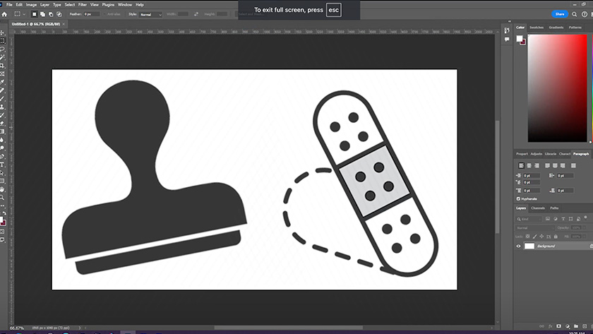 Adobe Photoshop screenshot revealing logo close-ups of the stamp and healing (band-aid) tools.