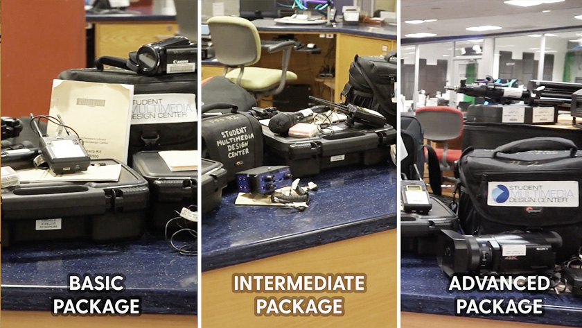 Triptych photograph highlighting basic, intermediate and advanced video podcasting equipment packages. Each features, video cameras, microphones and other recording equipment.