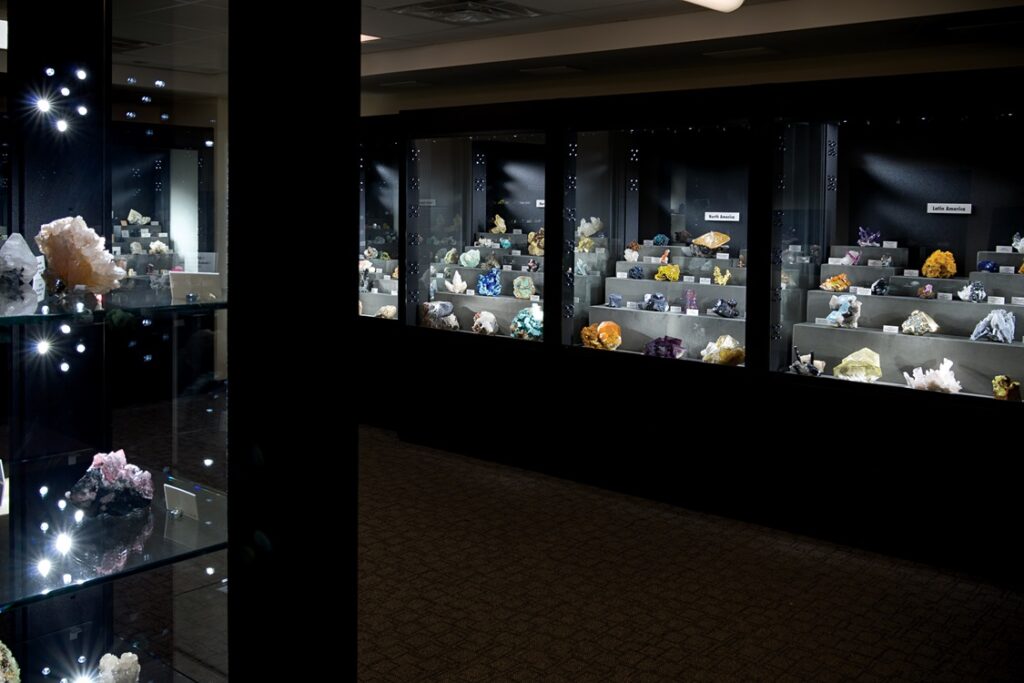Gallery with black cased full of minerals.
