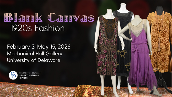 Announcement of gallery exhibition about 1920s fashion. Image of four dresses on mannequins.