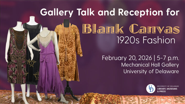 Announcement about reception and gallery talk for fashion exhibition about the 1920s. Purple background, cluster of four dresses on mannequins.