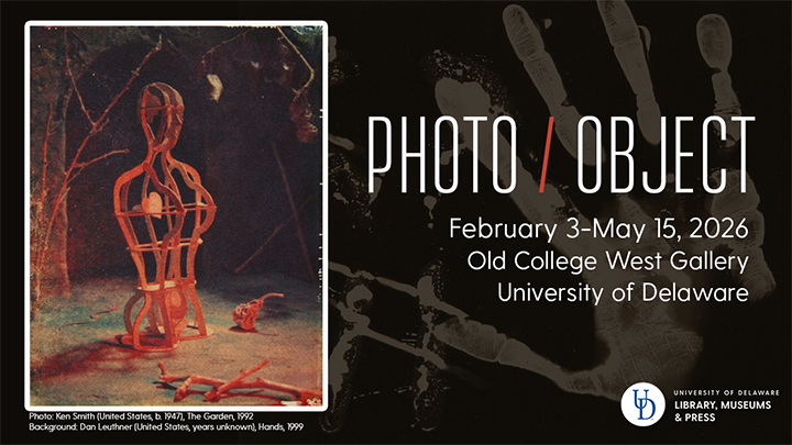 Announcement of gallery exhibition about photography. Black background with a handprint, image of a photograph to the left.