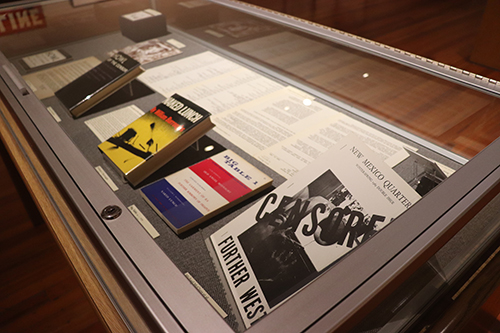 A case exhibition of censored and challenged books.