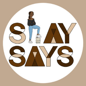 Artwork depicting the name "Shay Says" with a cartoon girl shaping the "H" with her leg.