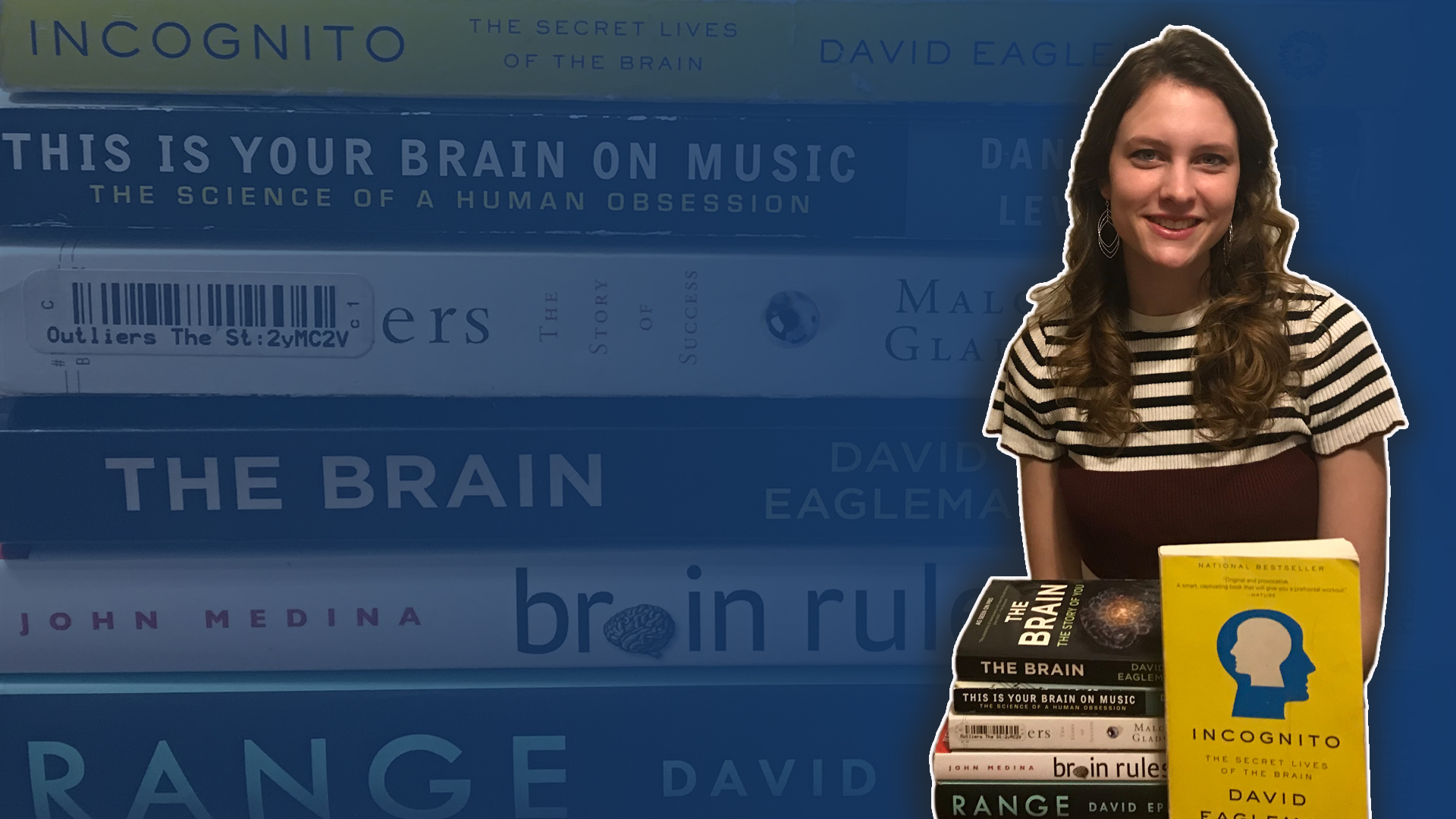 A blue background with the spines of books showing. To the right, in full color, is a young woman smiling in front of a stack of books