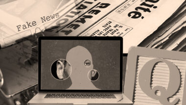 A collage of images, including a newspaper, a building block with the letter Q on it, a piece of paper that reads "Fake News", and a laptop open with an image that points to someone's ears.