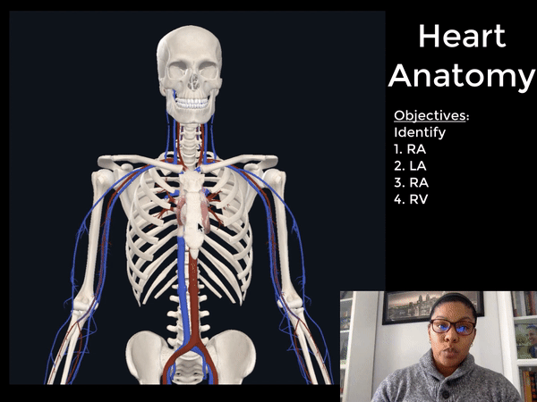 An image of the human skeleton, showing the anatomy of the heart in great detail. A woman is in a pop-out window in the bottom right corner, teaching remotely.