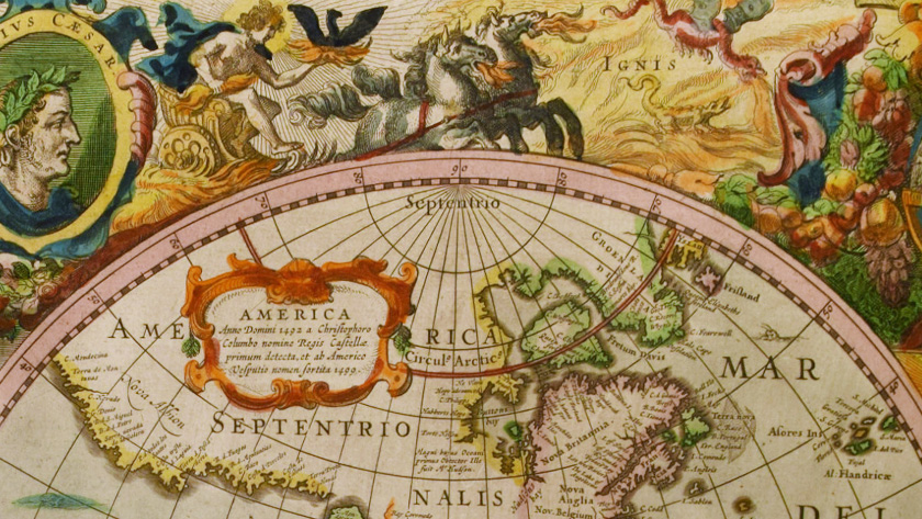 A close up view of details on a hand-colored map of the world.