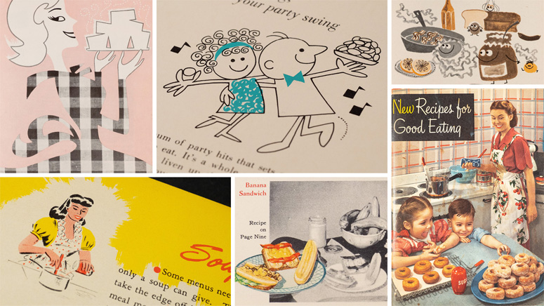 A compilation of color images, illustrations and recipes from marketing materials