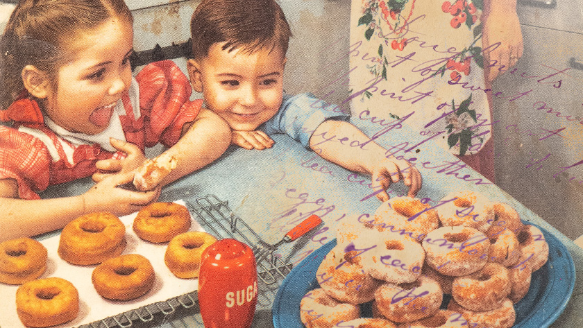 An illustration of two kids at a table excitedly reaching for freshly baked donuts.