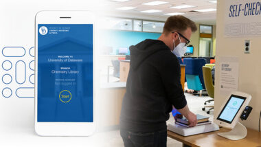Cell phone on the left showing a screen shot of an app and to the right is a person using a self-checkout kiosk.