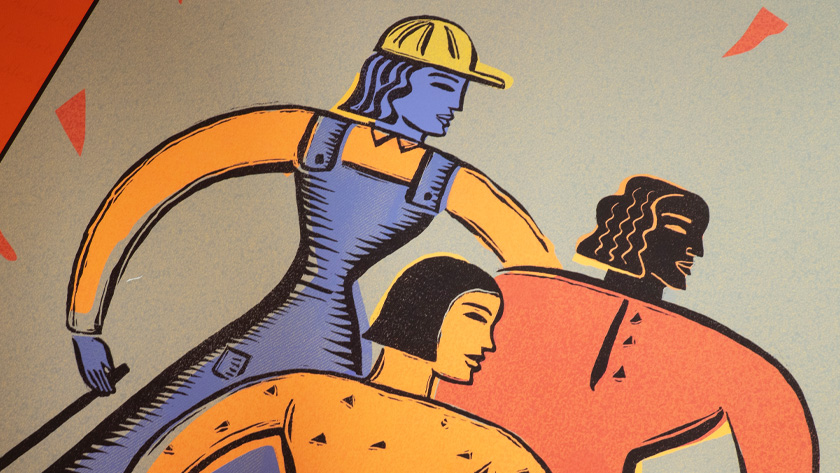 Illustration of three colorful working women from a 1995 poster design.