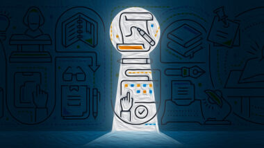 A brightly lit keyhole through which there are illustrations representing research.