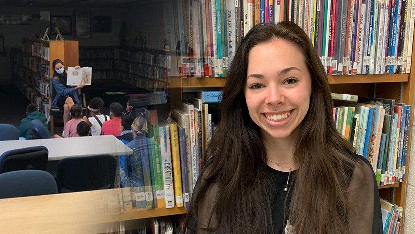 A photo of a young woman sitting and smiling in front of bookshelves alongside another photo of the woman reading to children in a library.