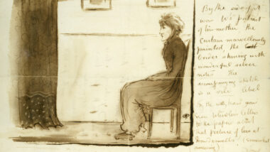 An excerpt of a handwritten letter that includes an illustration of a seated individual.