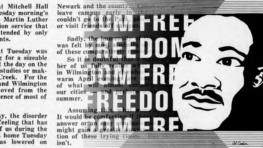 A newspaper article overload on an illustration of Martin Luther King Jr. with the words "Freedom" repeated in the background.