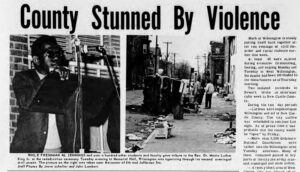 A newspaper article with the headline "County Stunned by Violence." Two images are featured prominently. One of a young Black student speaking at an event and another of a city street littered with trash.