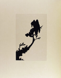 A silhouette on a page in a book. The silhouette shows a human and a vulture in a tree.