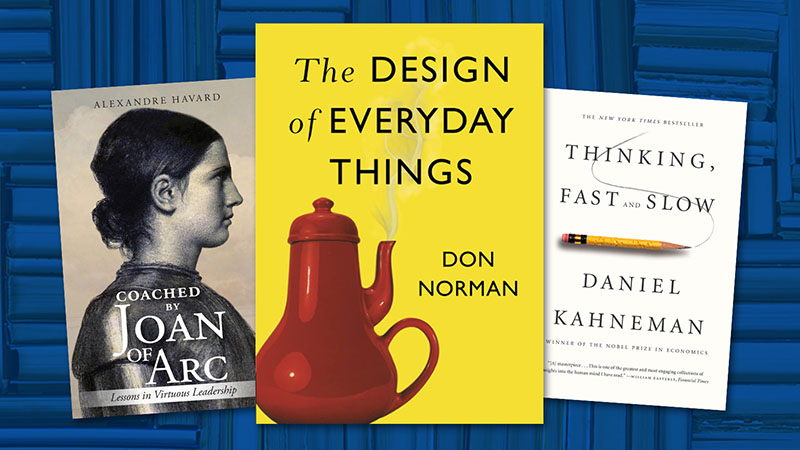 Book covers for "Coached by Joan of Arc," "The Design of Everyday Things" and "Thinking Fast and Slow."