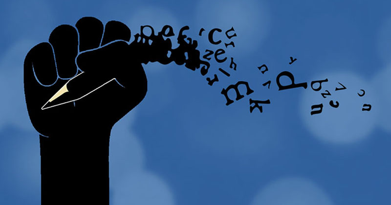 Illustration of a closed fist, holding a pen. Individual letters are floating from the pen.