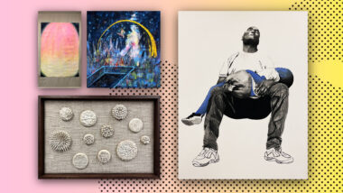 A selection of artworks including drawings, paintings and mixed media creations.