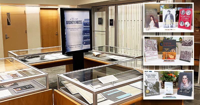 Display cases filled with books and labels. Additional photos are in-laid that showcase books from various series printed by the UD Press.
