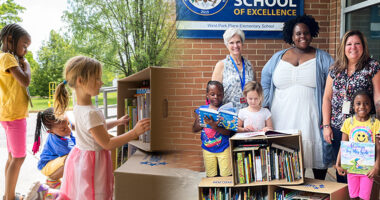 Three children looking at books in boxes alongside a photo of three adults standing with three children in front of boxes of donated books.