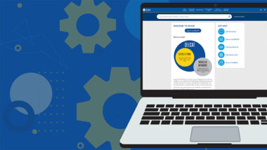 An illustration of a laptop open to our catalog webpage. Accompanying text reads, “New search interface. Learn about our catalog’s new look.”