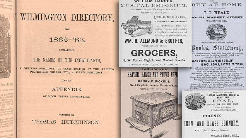 Directory pages from the 1862-1863 Wilmington City Directory that show advertisements and the title page.