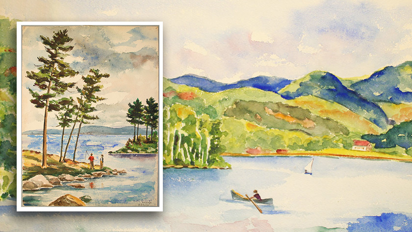 A watercolor painting of a lake landscape and another watercolor painting of people fishing at a lake.