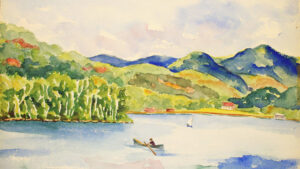 A watercolor painting of a lake landscape