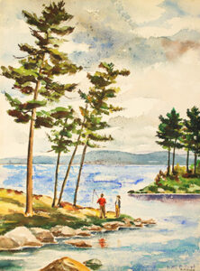 A watercolor painting of people fishing at a lake