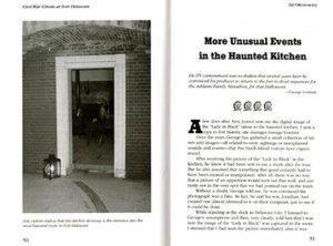 An open spread of a book. The left page shows a kitchen doorway and the right page has the chapter heading, "More Unusual Events in the Haunted Kitchen."