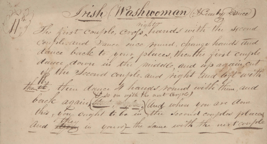 Handwritten instructions for the "Irish Washwoman" dance on aged paper