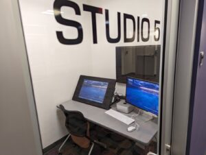 A look inside Studio 5, which includes equipment like a tablet and iMac.