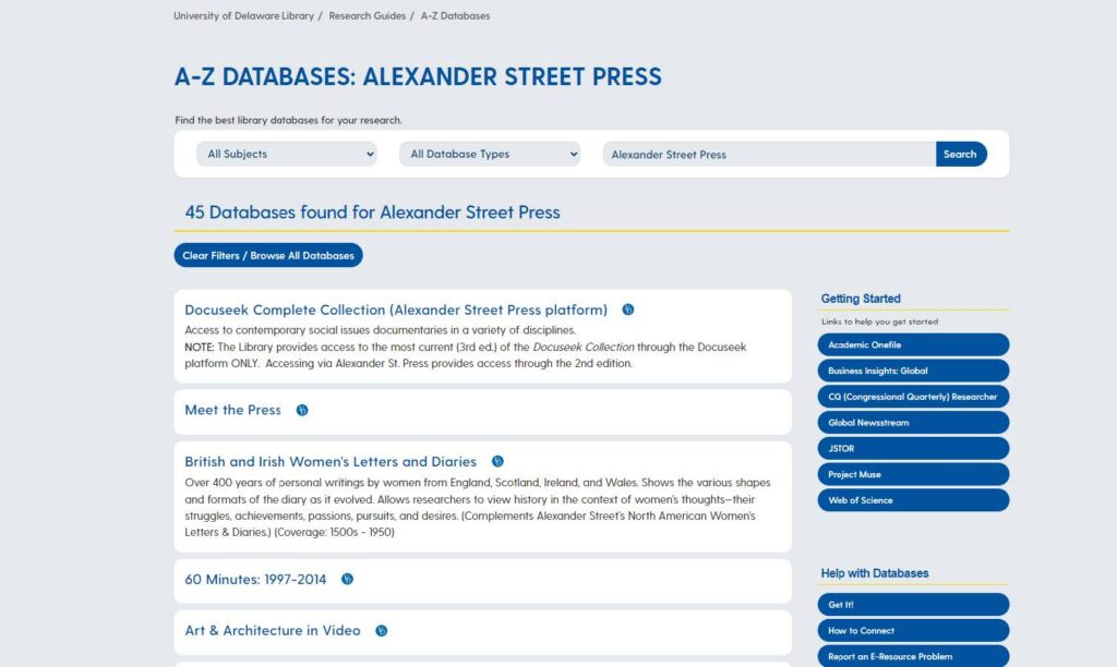 Screenshot of the databases list with search for Alexander Street Press