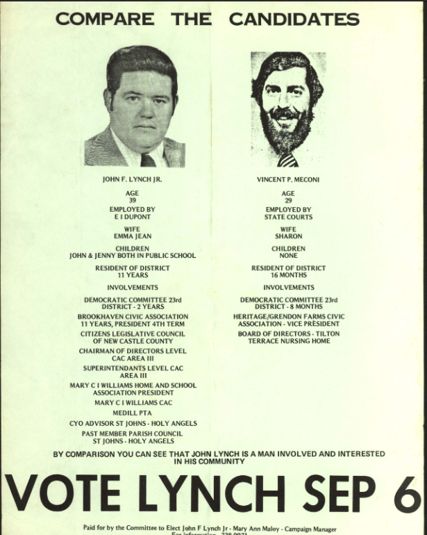 An advertisement for John F. Lynch Jr. that compares and contrasts him with opponent Vincent P. Meconi