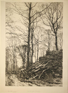An etching of a winter landscape