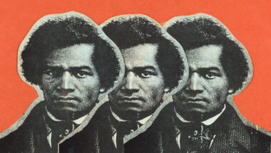 Montage featuring three headshots of Frederick Douglas on an orange background.