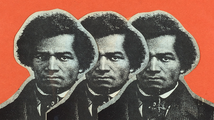 Montage featuring three headshots of Frederick Douglas on an orange background.