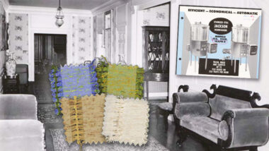 A collage featuring photos of the Buena Vista south hall, fabric samples and printed advertisements.